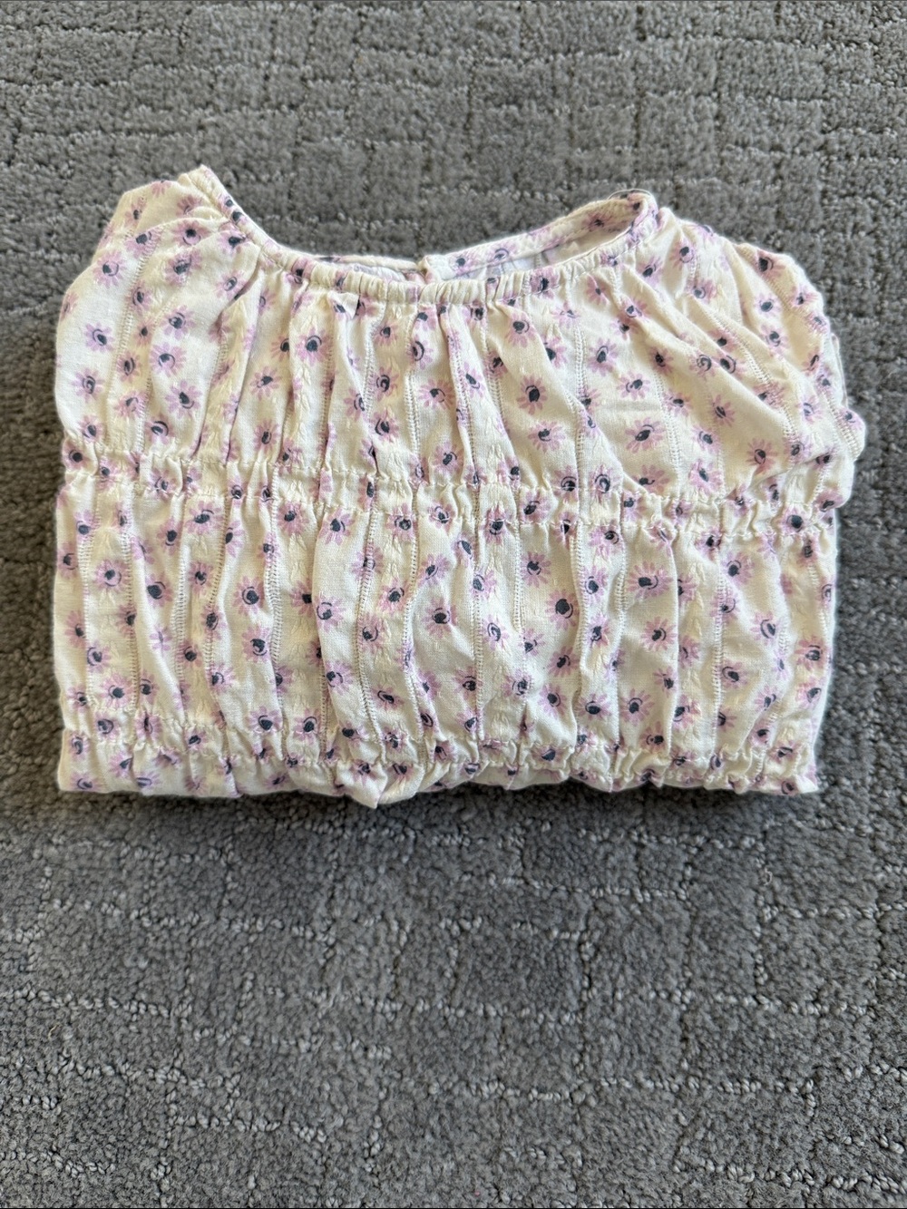 Zara Cream Short Sleeve Smocked Top with Purple Floral Accents